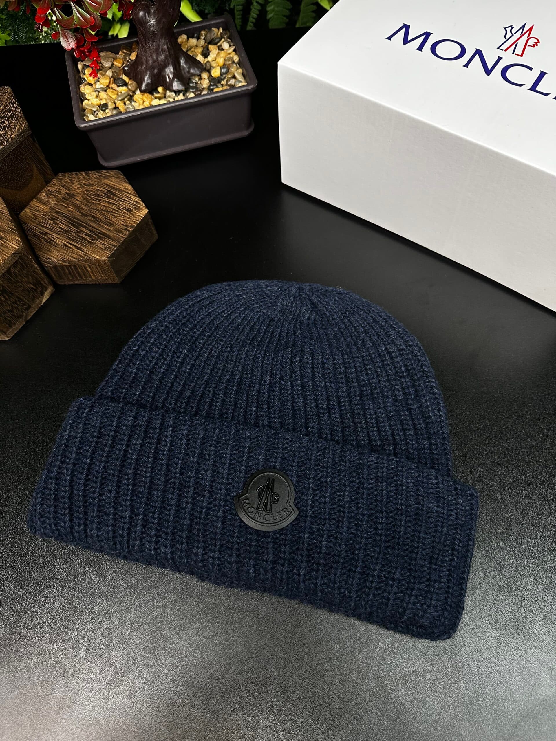 Moncler Black Logo Wool Beanie Navy Blue