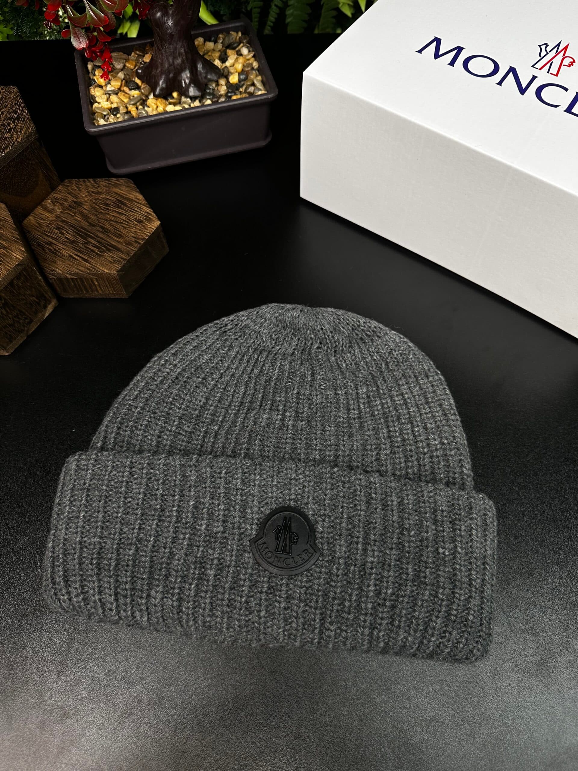 Moncler Black Logo Wool Beanie Grey